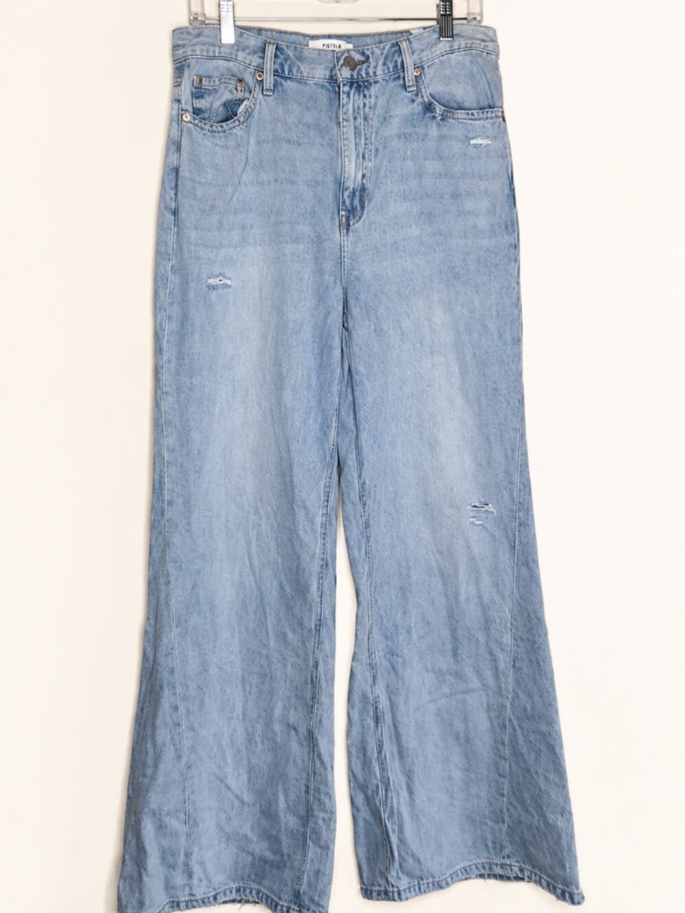 PISTOLA High Rise Distressed Wide Leg Jeans Raw Hem Light Wash Size 31